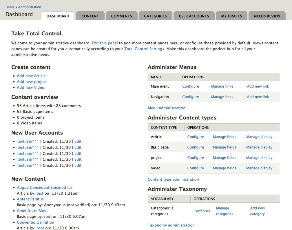 drupal dashboard - wordpress vs joomla vs drupal