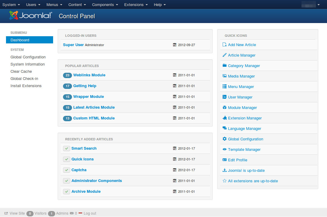 Joomla Dashboard  - wordpress vs joomla vs drupal