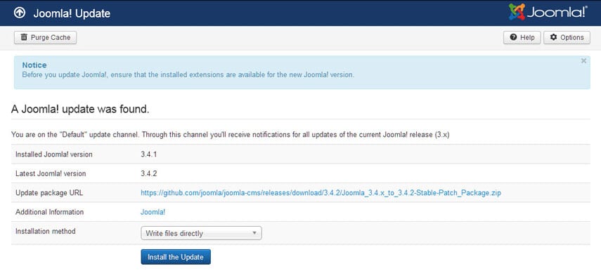 Joomla's Update Screen