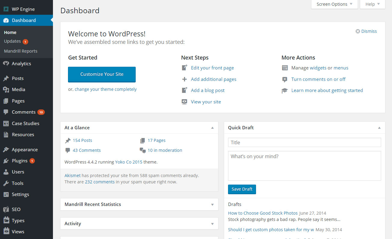 WordPress Dashboard - wordpress vs joomla vs drupal