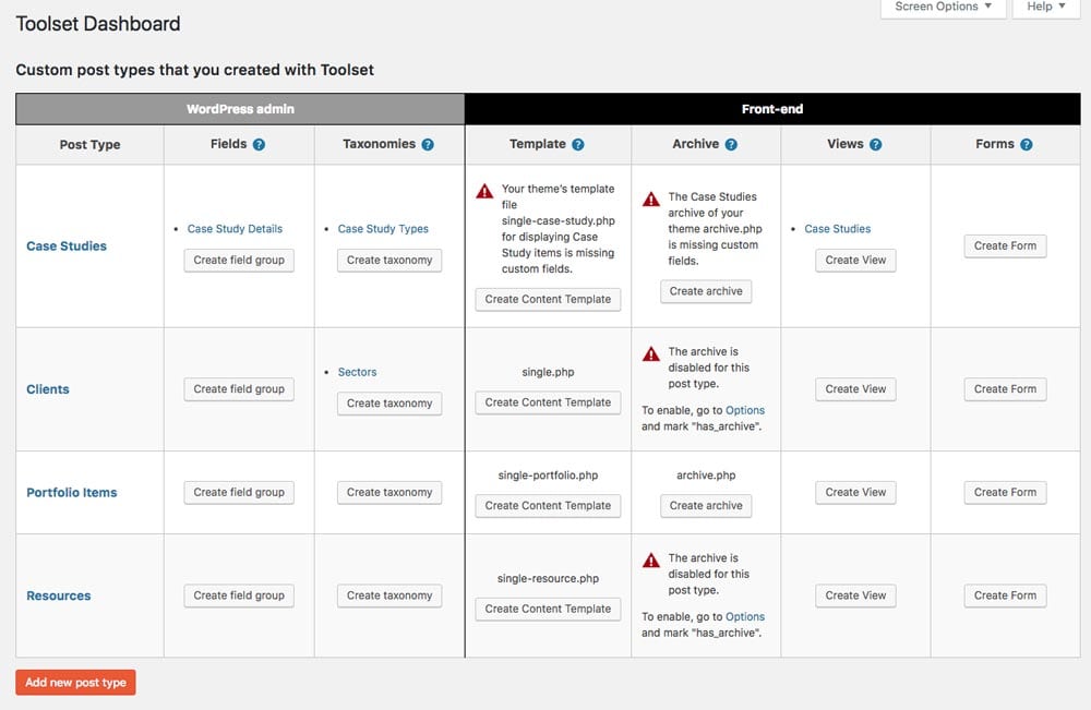 Toolset for WordPress Dashboard Screen for Managing Custom Post Types