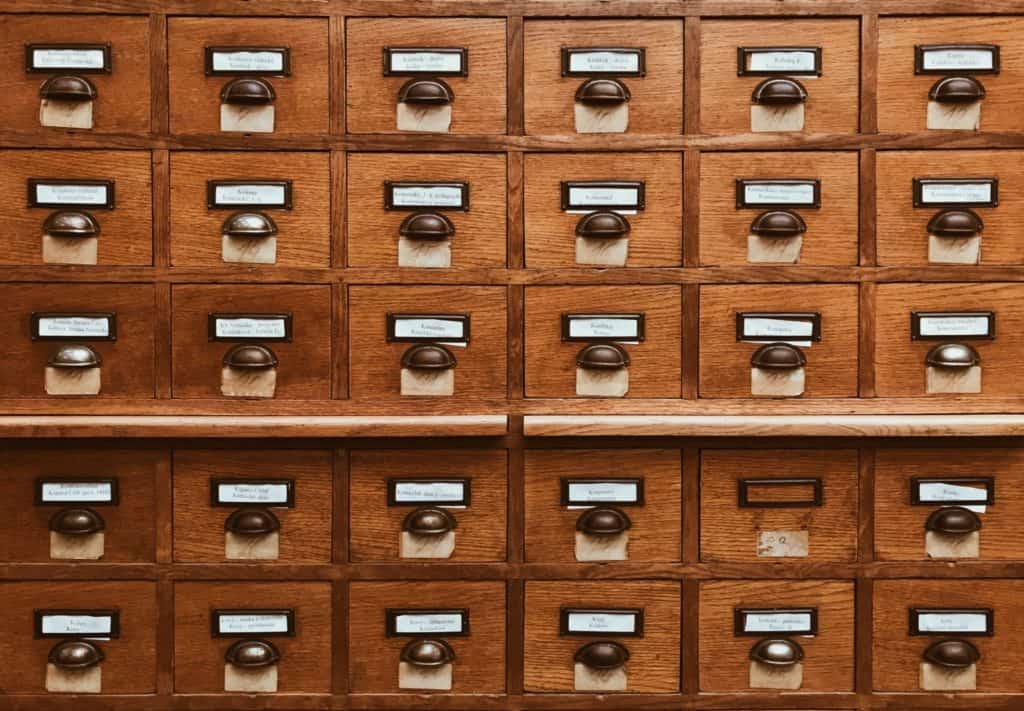 close up view of a card catalog in a library.