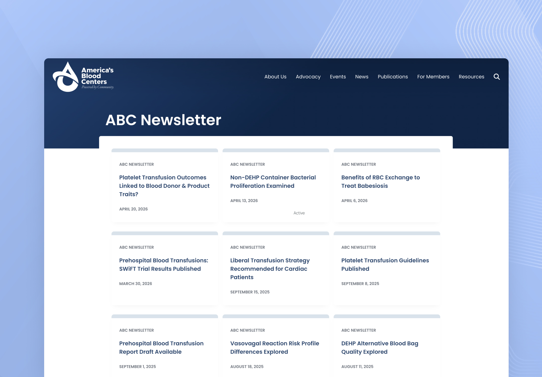 Screenshot of America's Blood Centers ABC Newsletter webpage.