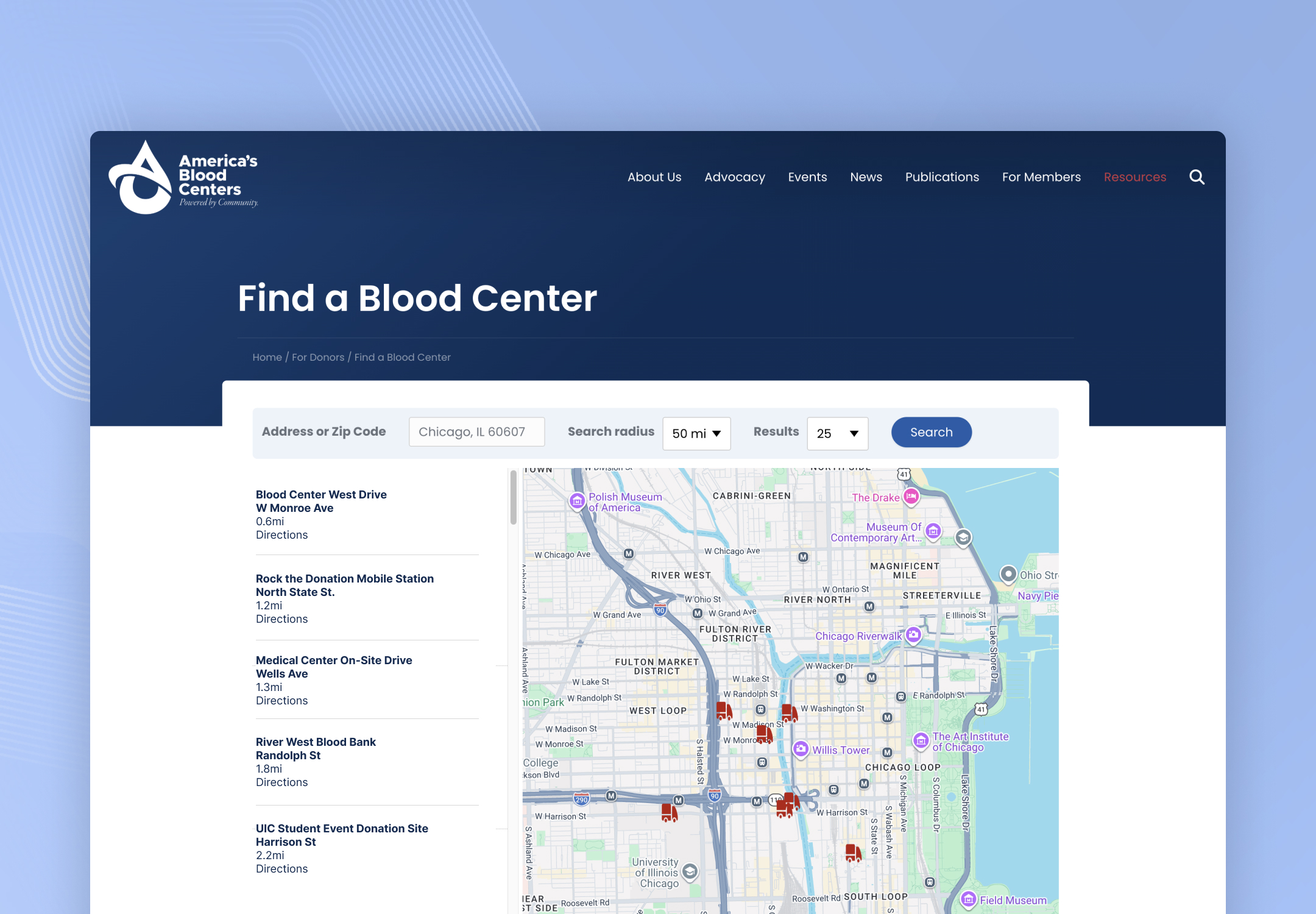 Map showing blood centers in Chicago area for blood donation.