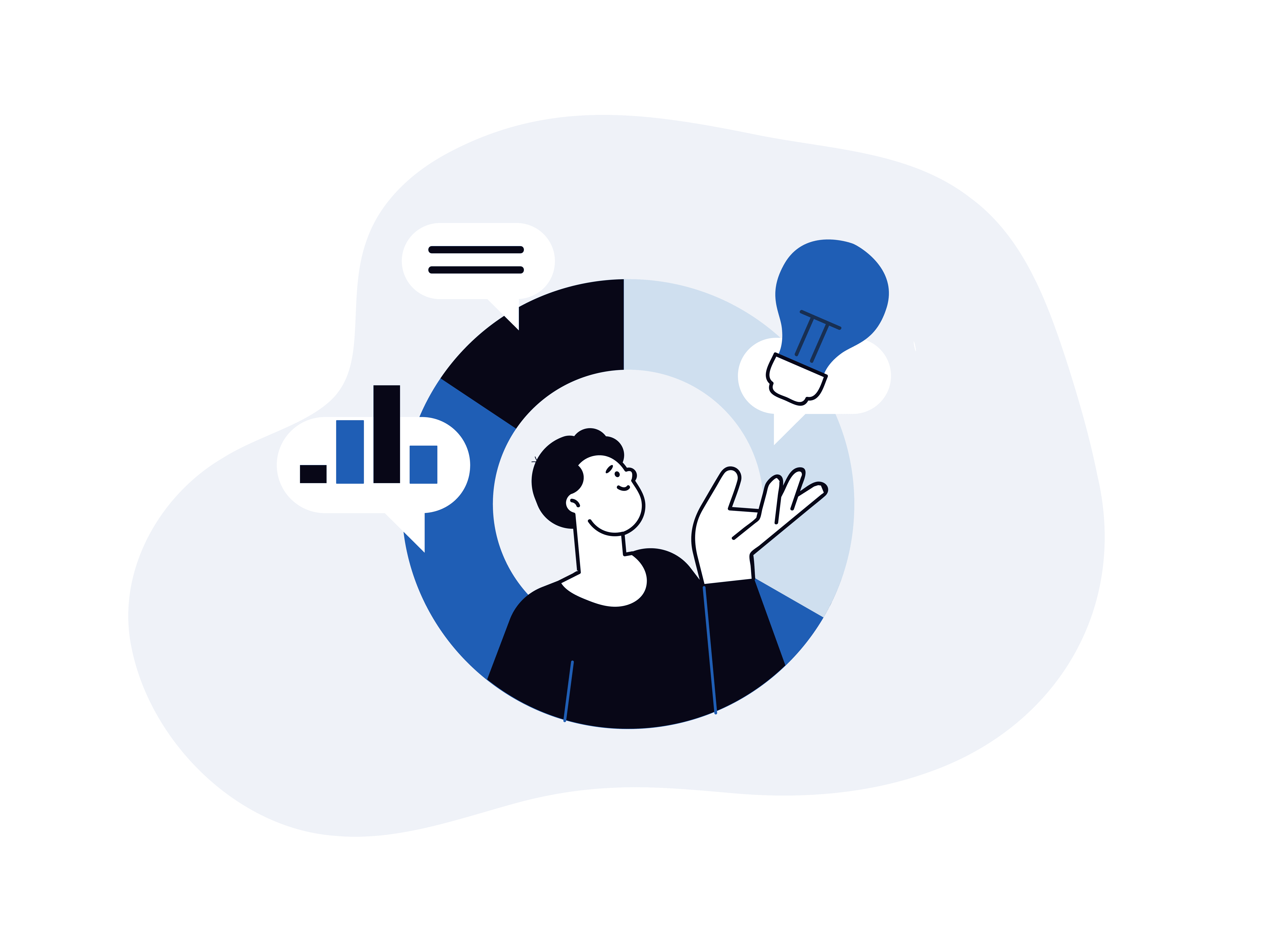 ilustration with man inside a pie chart circle surroundeed by a bulb symbolizing ideas, a speech bubble and a graph