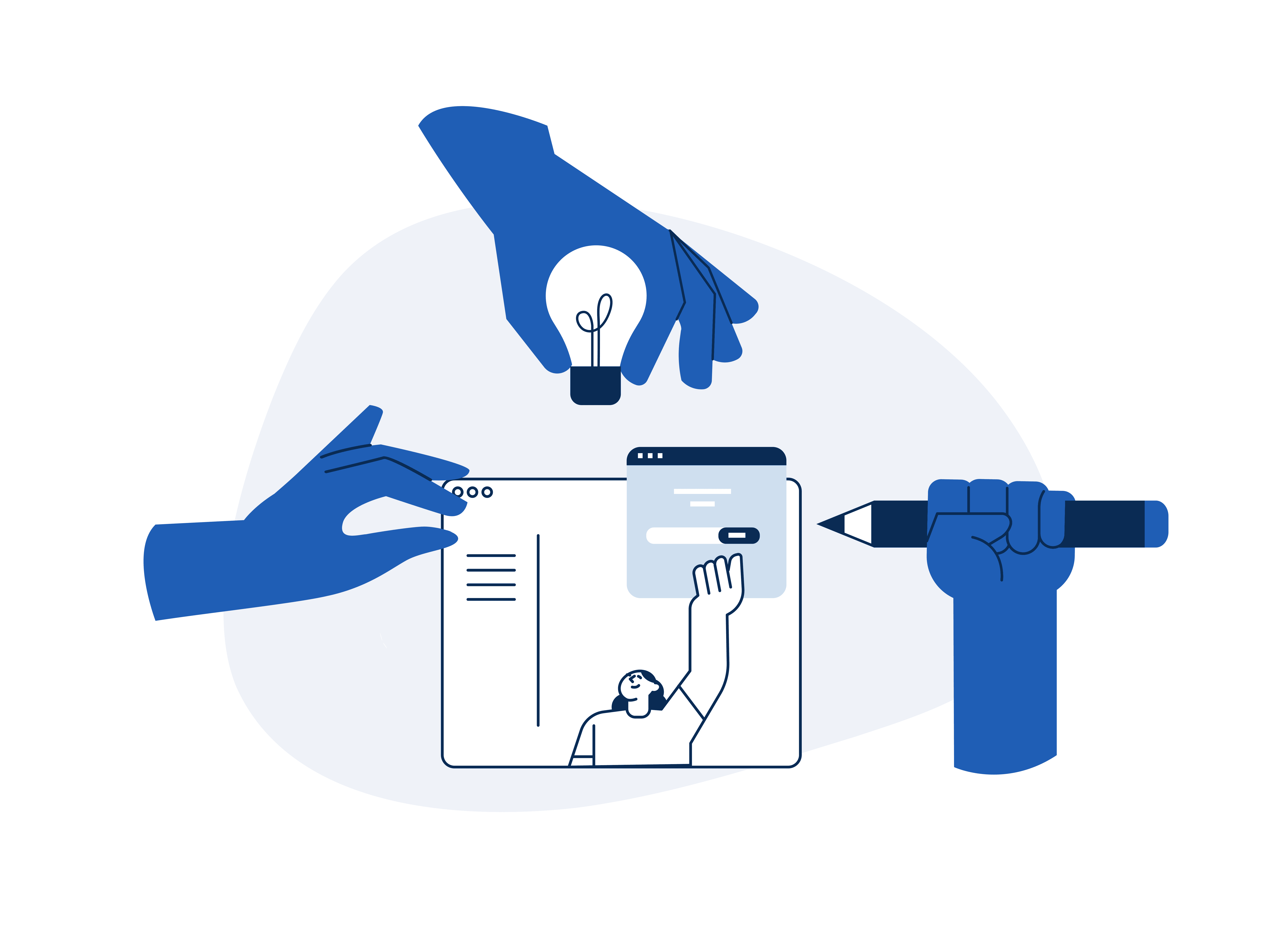 illustration showing three hands, one coming from the top with a light bulb, one coming from the left holding a web wireframe, one coming from the right holding a pencil pointing into the wireframe. the wireframe has a female figure holding a pop up window