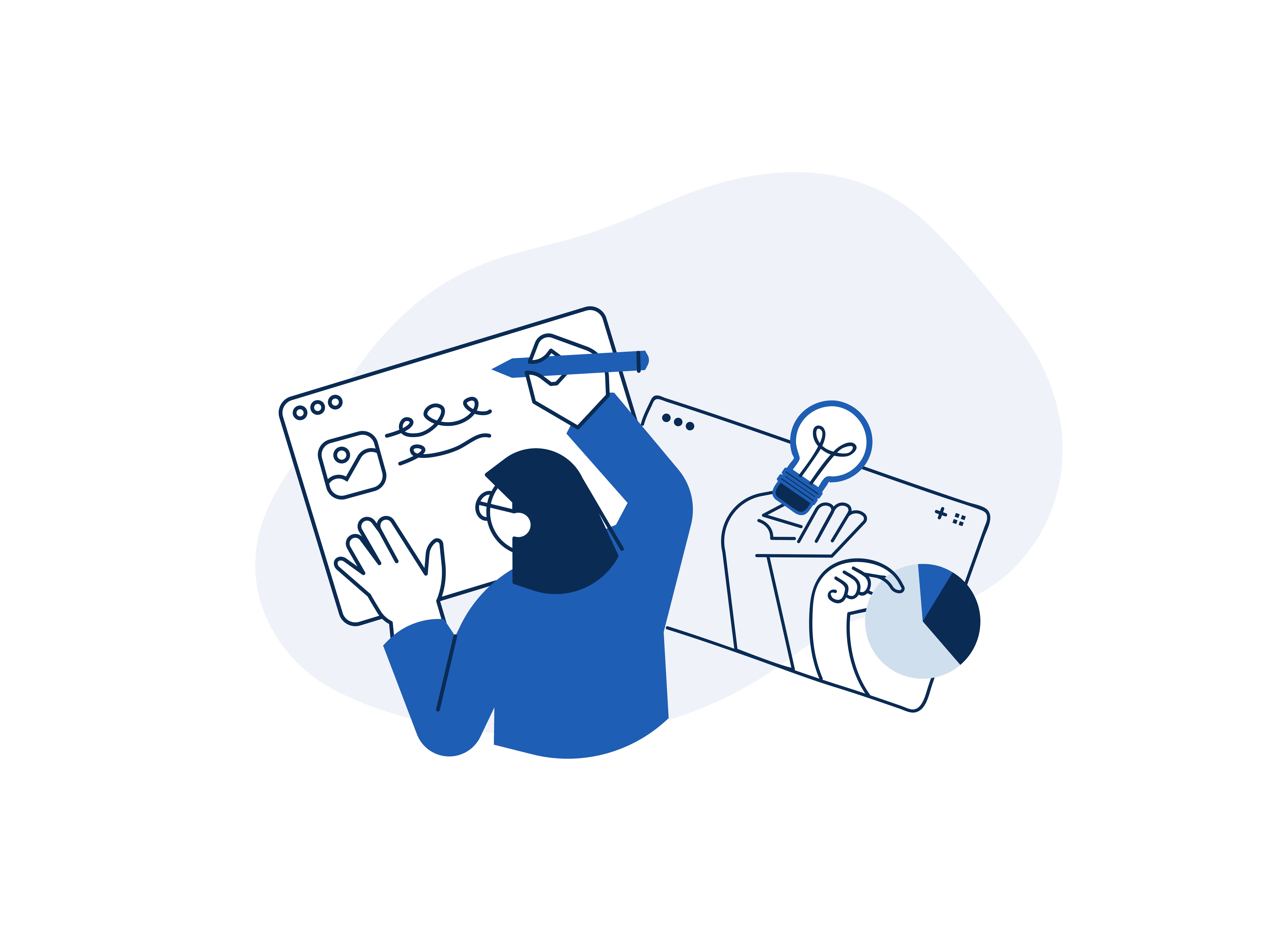 illustration of a woman facil an artboard drawing. from behind the artboard comes out a web wireframe with a hand holding a light bulb and one holding a pie chart, symbolizing work and analysis.
