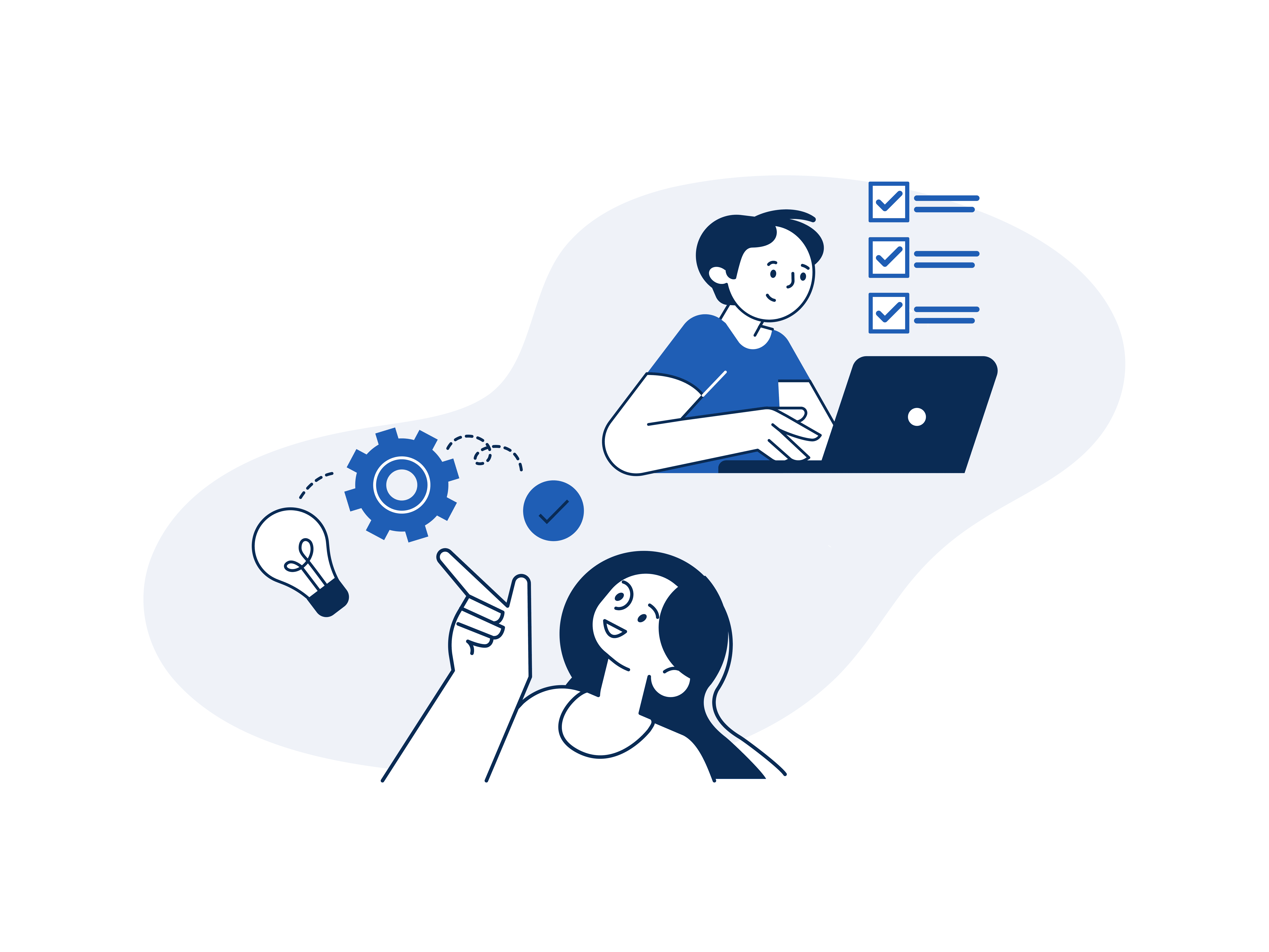illustration showing a woman on the bottom left with cogs and symbols of ideas overhead, and a man figure on the top right on a laptop with a checklist above it.