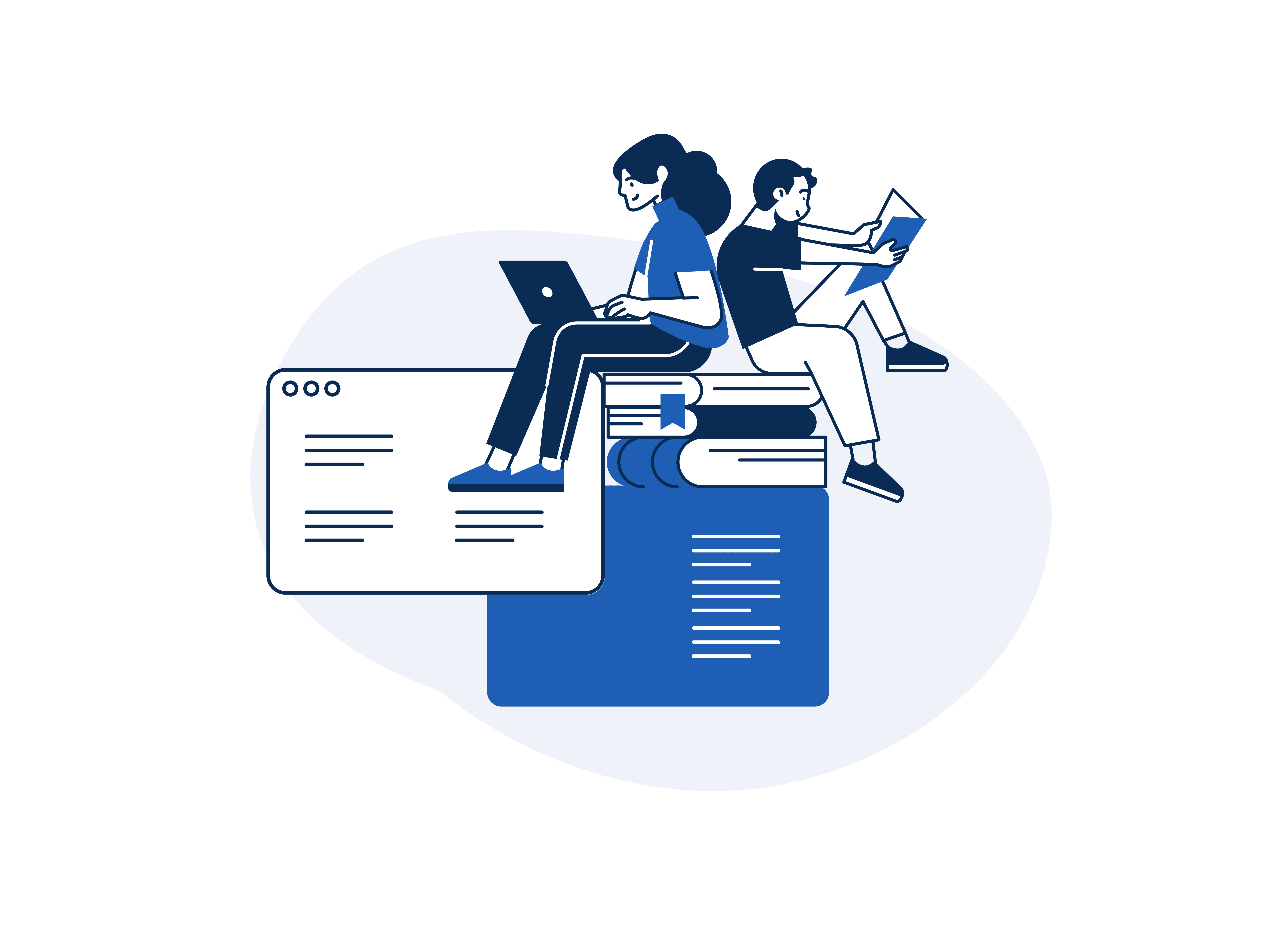 illustration showing two wireframes with two figures sitting on them, a man reading and a woman on her laptop. the man is sitting on a stack of paper, books and binders, symbolizing content