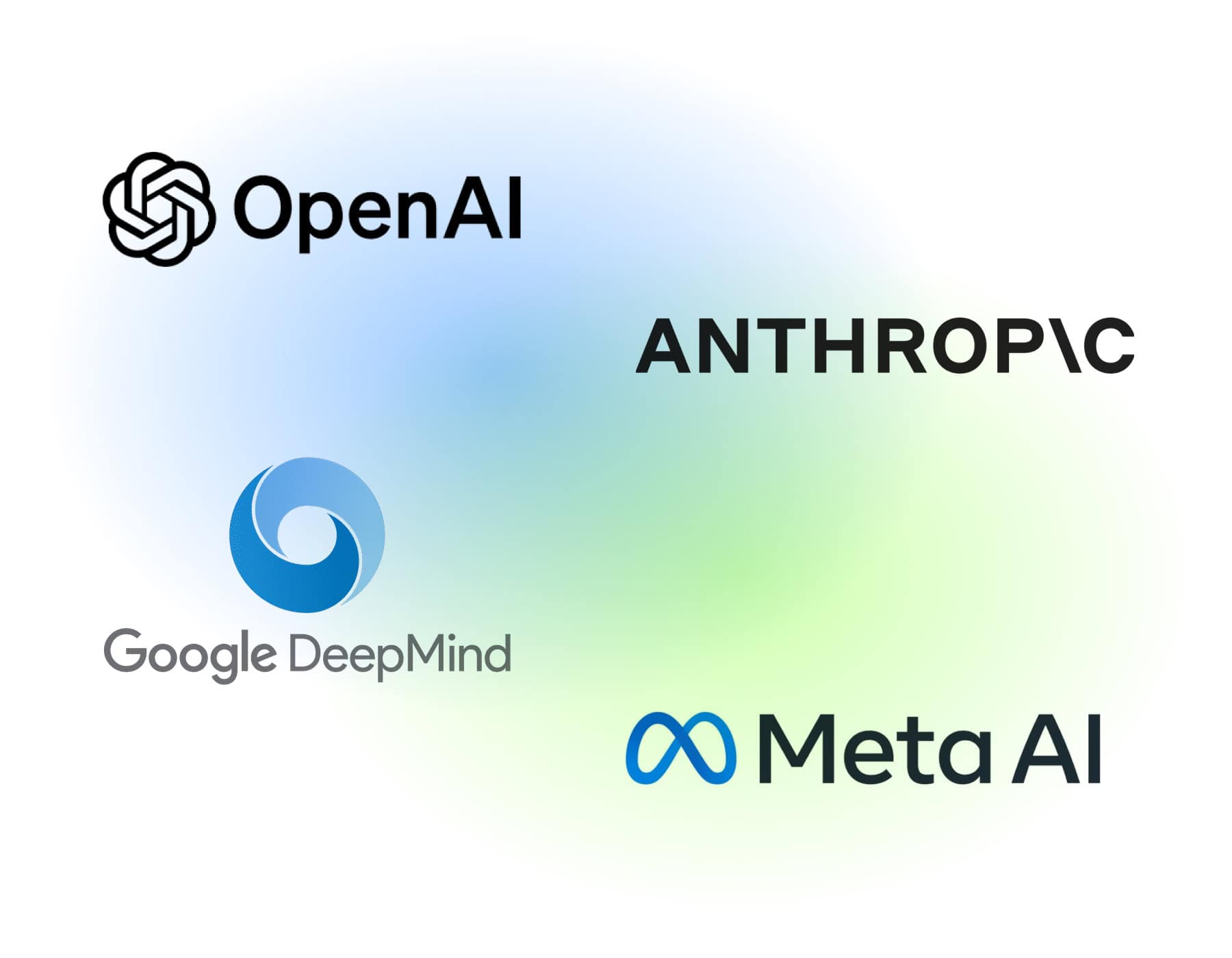AI logo collage representing OpenAI, Google DeepMind, Meta AI, and AMD for artificial intelligence research.