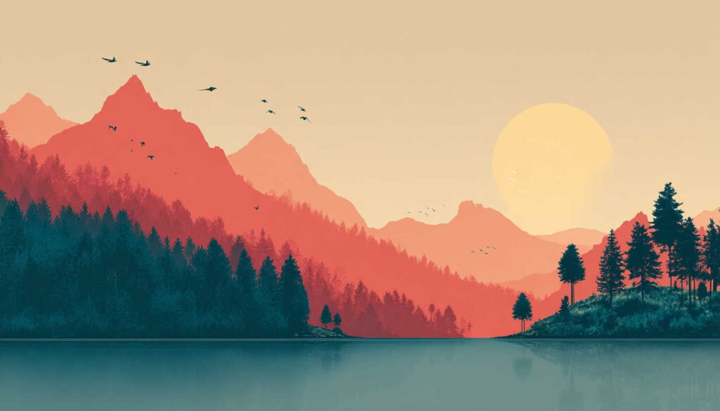 Vibrant mountain landscape illustration with trees, mountains, and a setting sun, perfect for nature-themed decor or signage.