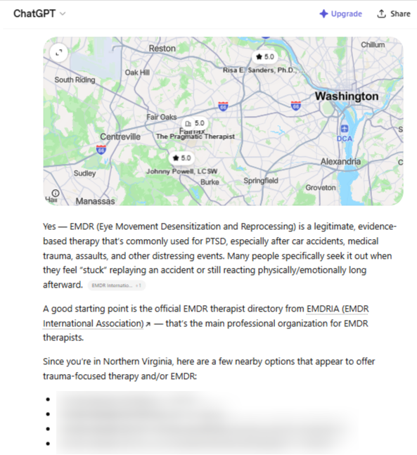 A ChatGPT screenshot inquiring about EMDR therapy for PTSD with a map of the Northern Virginia area