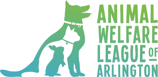 Animal Welfare League of Arlington logo featuring a dog and cat silhouette in green and blue.