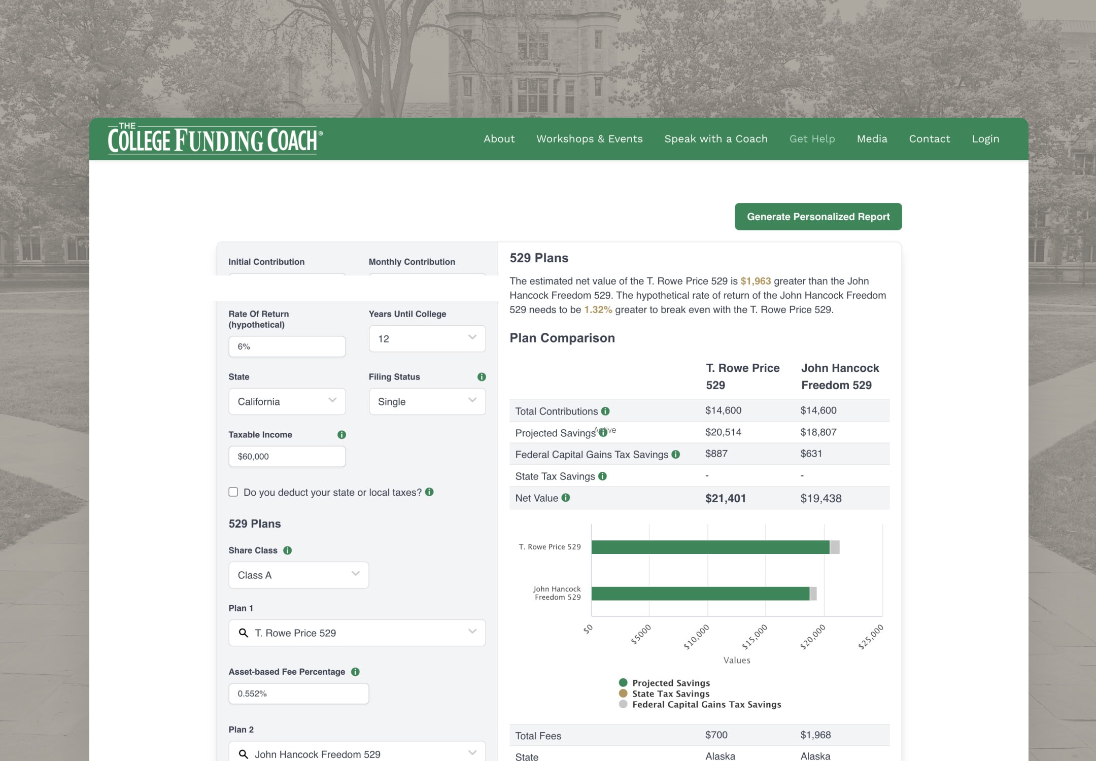 Screenshot of The College Funding Coach website with financial planning tools and options.