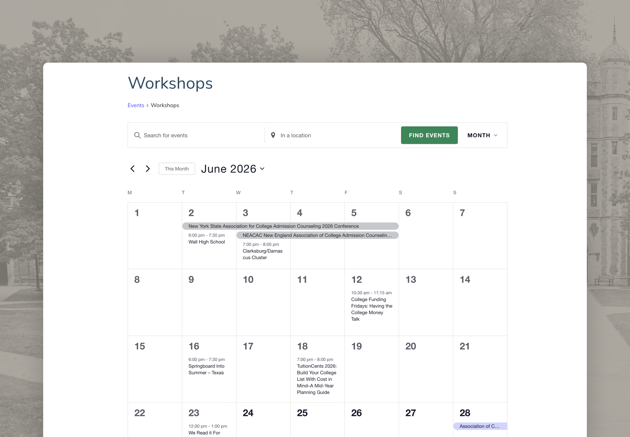 June 2026 workshop calendar with event details and dates.