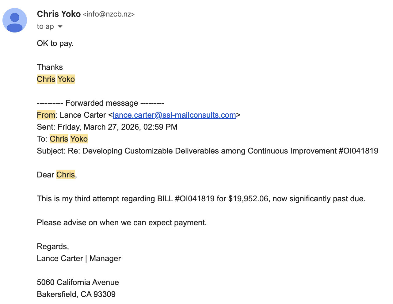a fake Email from Yoko Co about payment and deliverables.