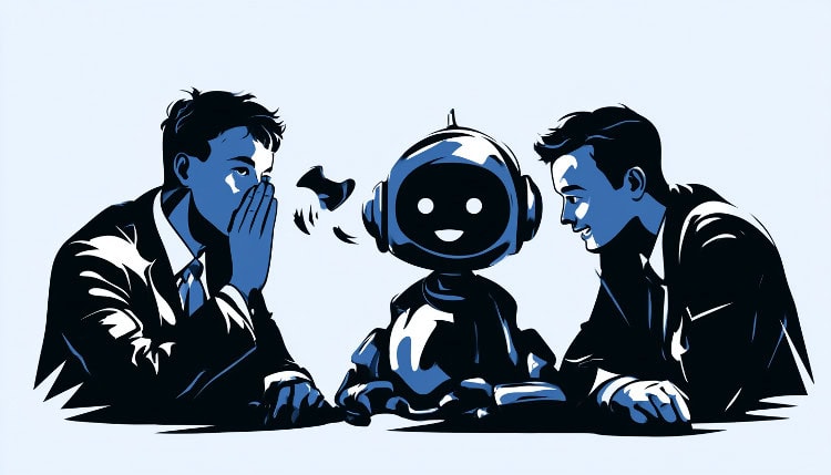 Illustration of two men and a robot engaging in conversation about AI technology.