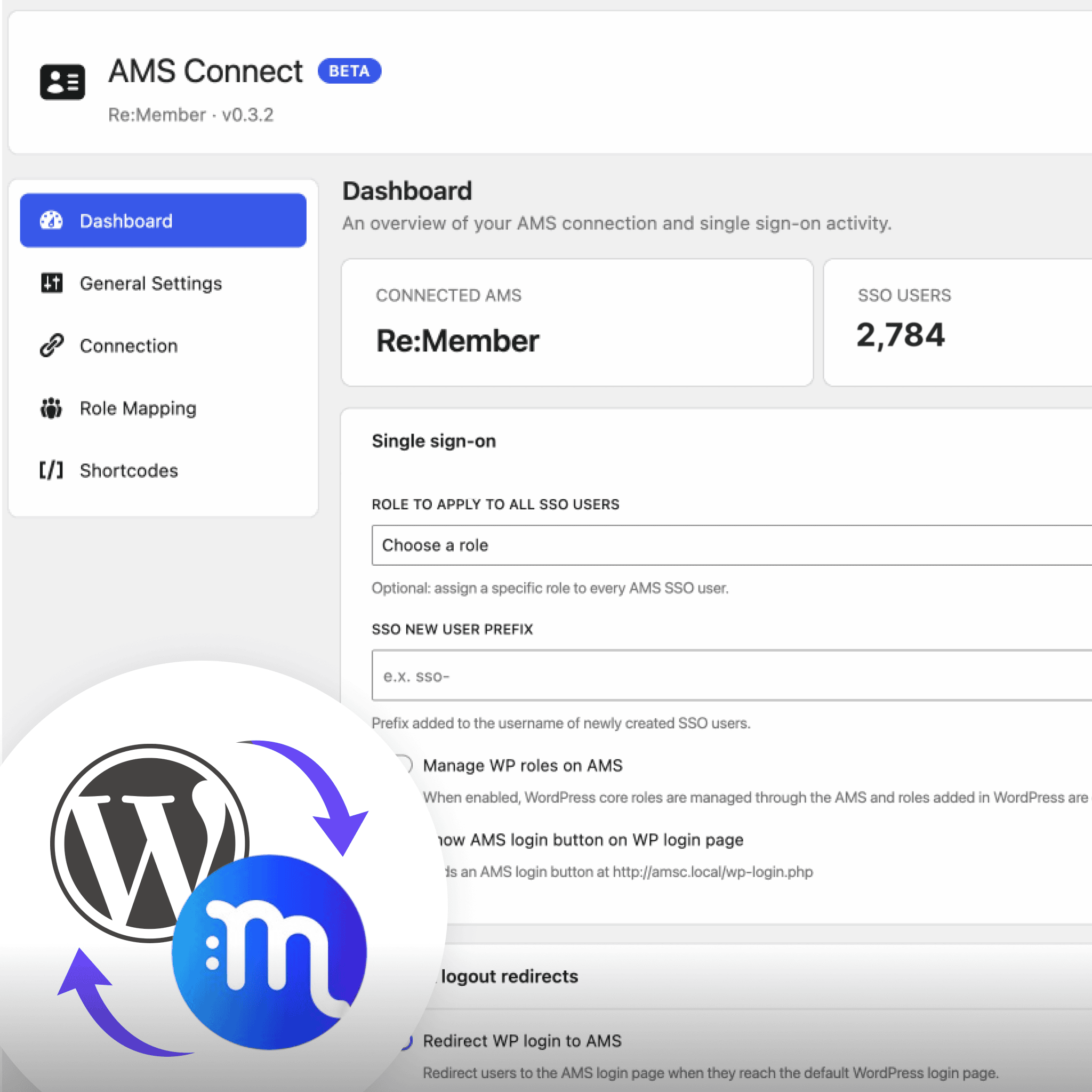 Screenshot of AMS Connect dashboard showing user activity and settings.